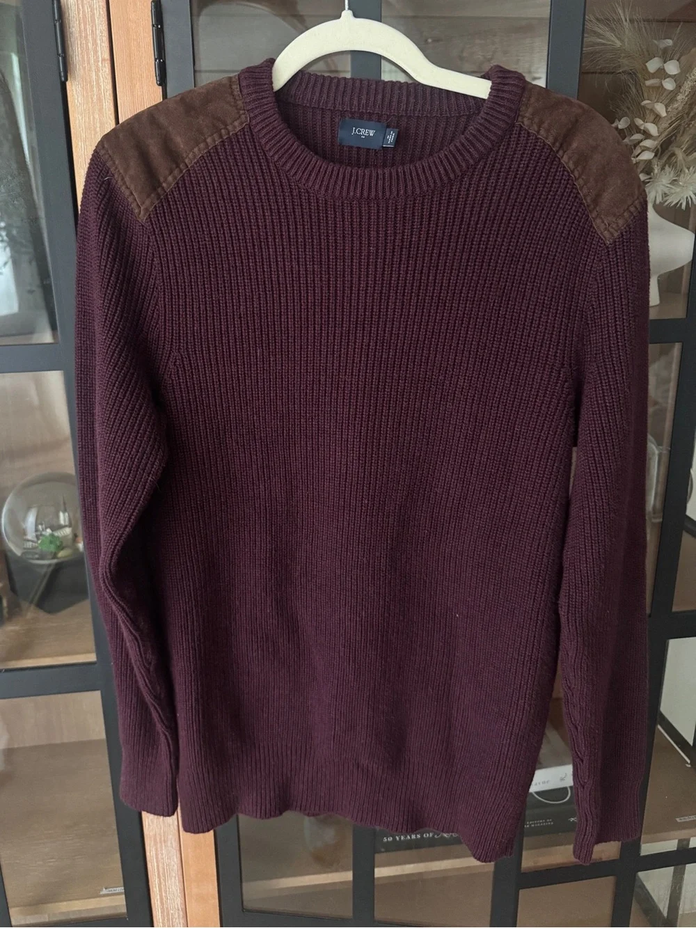 J. Crew maroon sweater suede shoulder patches burgundy cotton ribbed knit